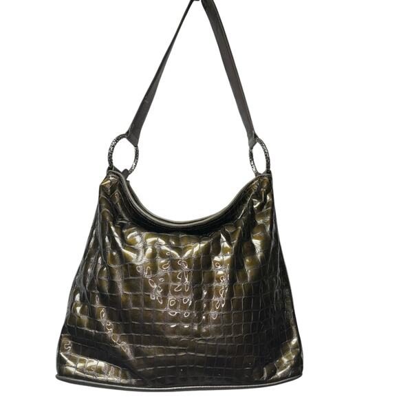 Brighton Cher Hobo Shoulder Bag Patent Leather Croc Embossed Olive Green Bronze - Picture 1 of 9